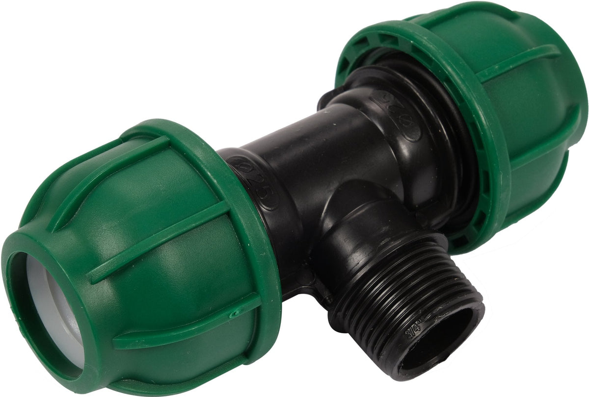 Raccordo a T per Tubi PE 25 mm x 3/4 Pollici x 25 mm Maschio – a Compressione, Polipropilene 10 bar Flo