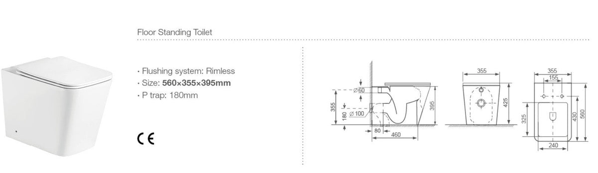 Coppia sanitari in ceramica filomuro Square WC e bidet con sedile soft close
