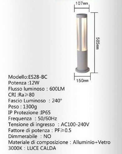 Lampione Giardino Lampada 12W Led Esterno Grigio Lampioncino Luce Naturale Es28