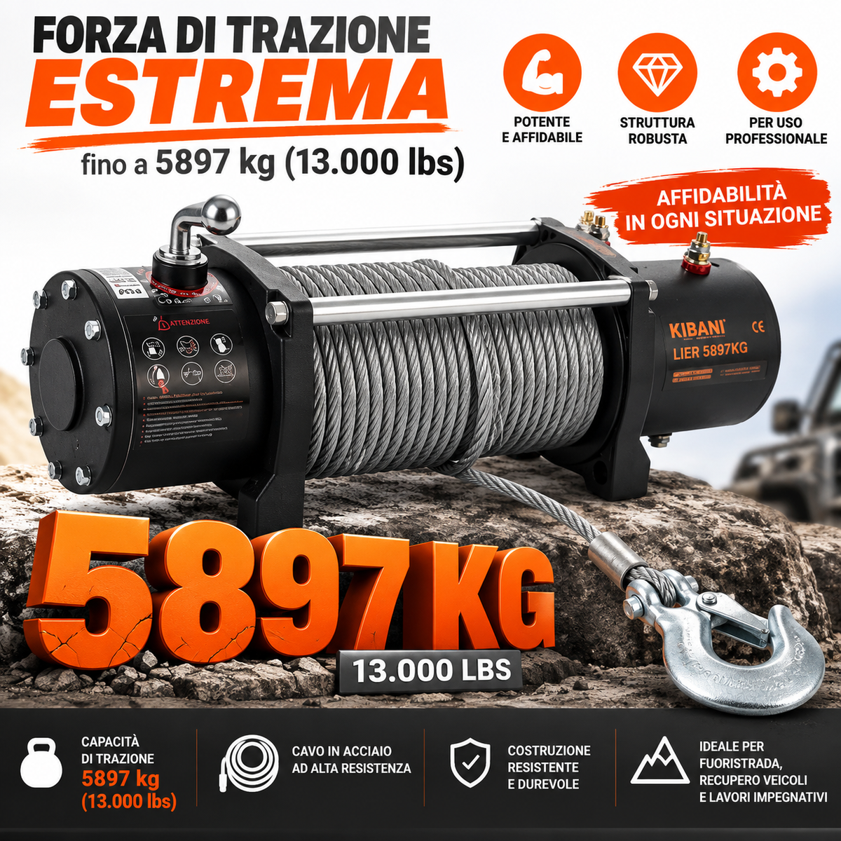 Verricello Elettrico Kibani 12 V 5897 kg Cavo Acciaio 26 m Radiocomando 4,8 kW
