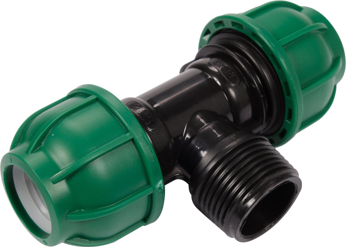 Raccordo a T per Tubi PE 25 mm x 1 Pollice x 25 mm Maschio – a Compressione, Polipropilene 10 bar Flo