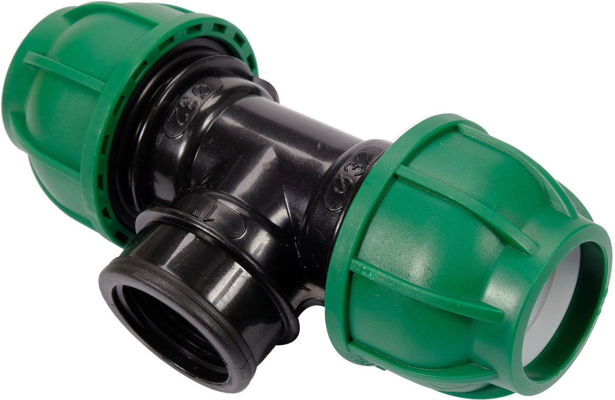 Raccordo a T per Tubi PE 32 mm x 1 Pollice x 32 mm Femmina – a Compressione, Polipropilene 10 bar Flo