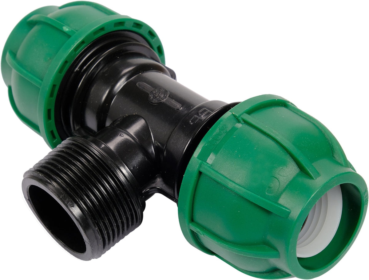 Raccordo a T per Tubi PE 32 mm x 1-1/4 Pollici x 32 mm Maschio – a Compressione, Polipropilene 10 bar Flo