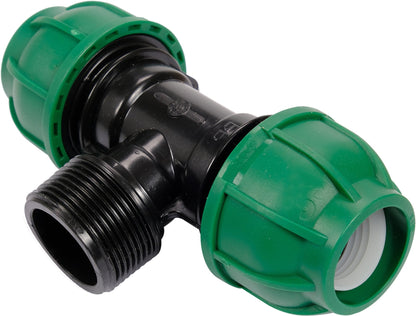 Raccordo a T per Tubi PE 32 mm x 1-1/4 Pollici x 32 mm Maschio – a Compressione, Polipropilene 10 bar Flo