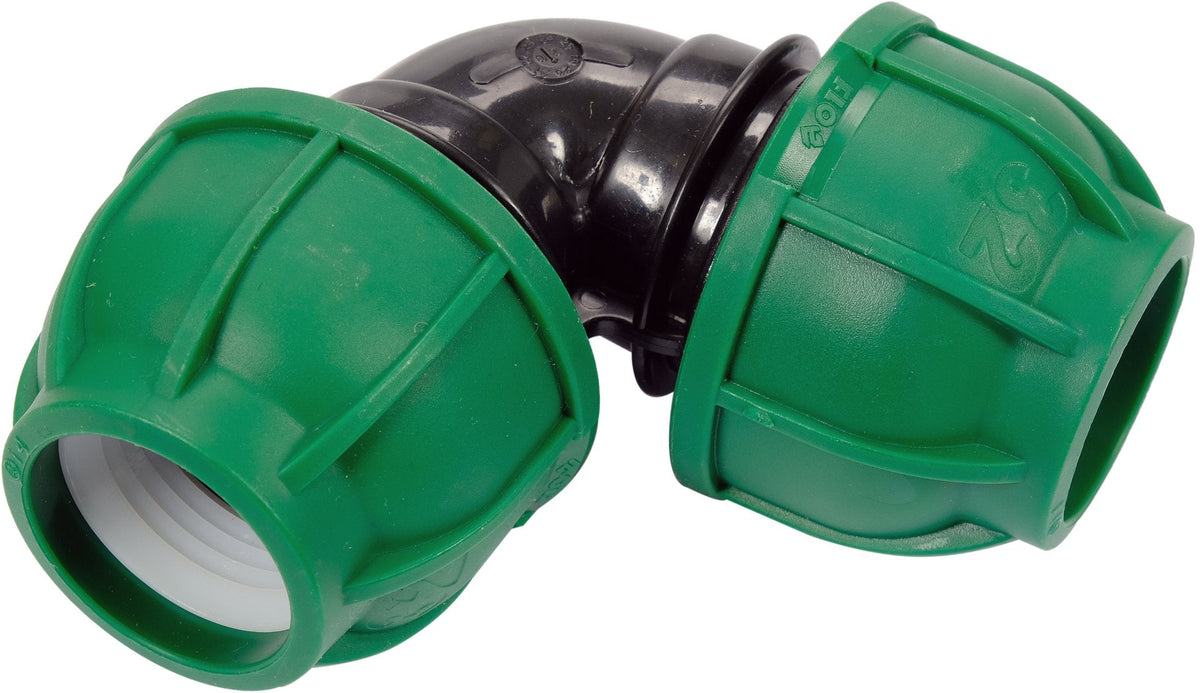 Adattatore a Gomito 90° per Tubi PE 32x32 mm – A Compressione, Polipropilene 10 BAR FLO