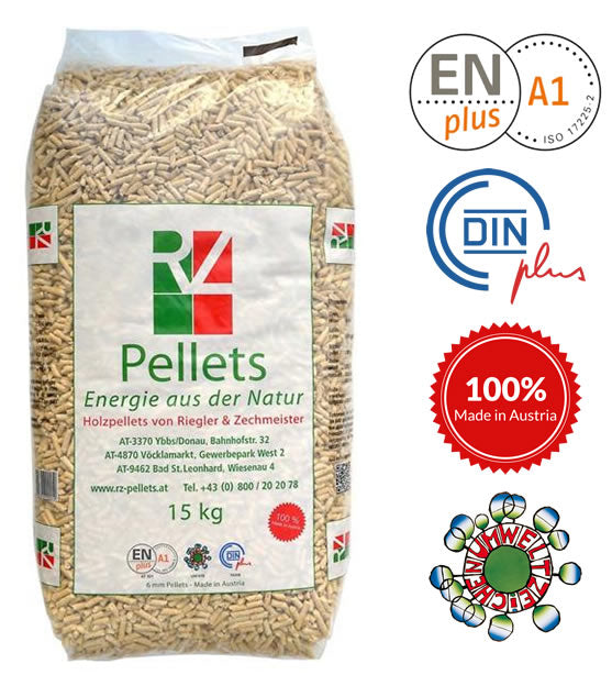 Pellet RZ Certificato ENplus A1 15 Kg Abete Bianco Austriaco Bancale 72 Sacchi