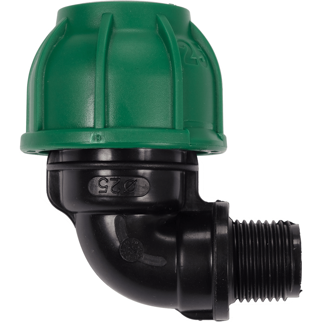 Adattatore a Gomito 90° PE 25 x 1/2 Pollici – Filetto Maschio, Polipropilene 10 BAR FLO