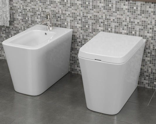 Coppia sanitari in ceramica filomuro Square WC e bidet con sedile soft close