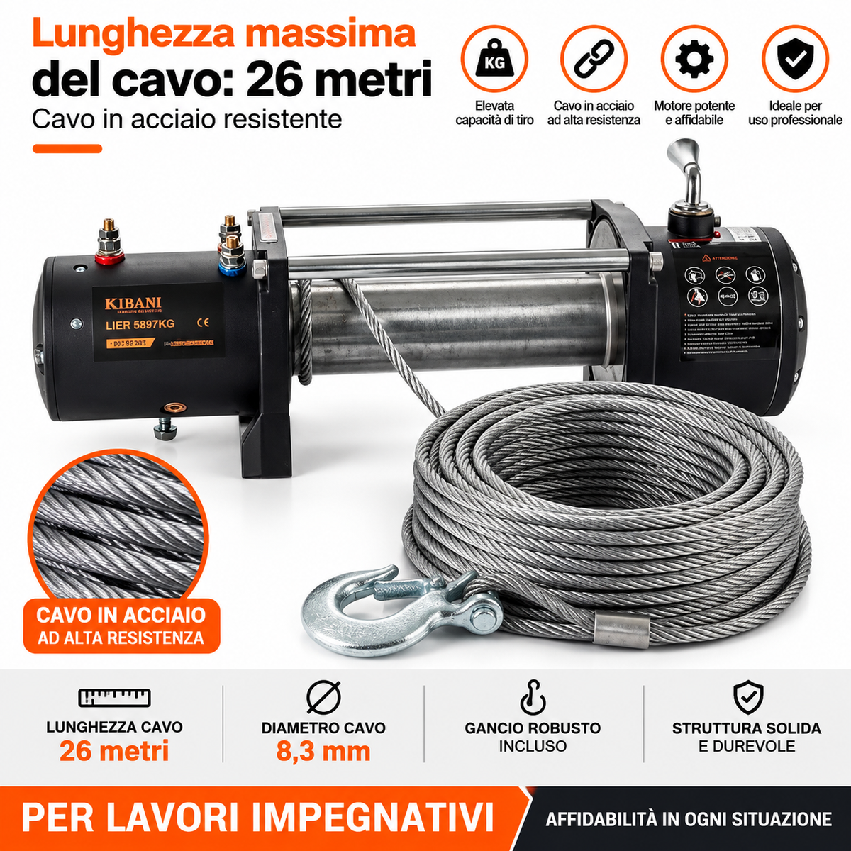 Verricello Elettrico Kibani 12 V 5897 kg Cavo Acciaio 26 m Radiocomando 4,8 kW