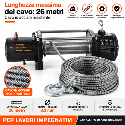 Verricello Elettrico Kibani 12 V 5897 kg Cavo Acciaio 26 m Radiocomando 4,8 kW