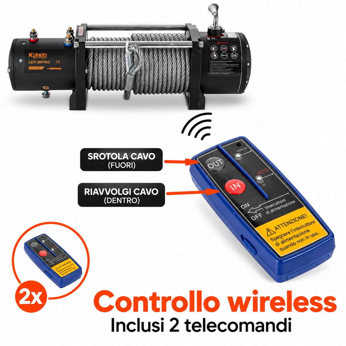 Verricello Elettrico Kibani 12 V 5897 kg Cavo Acciaio 26 m Radiocomando 4,8 kW