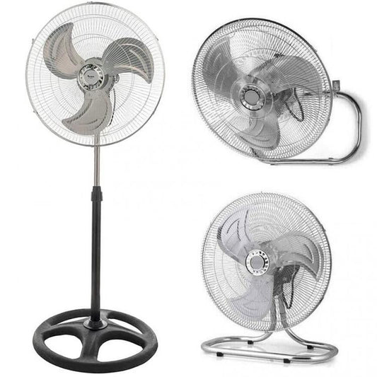 Ventilatore 3In1 A Piantana Tavolo Parete Acciaio Cromato Base Tonda 60W Ø 52Cm